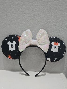Sequin Light Up Bow Halloween Mouse Ears Headband - Black & Iridescent Pink